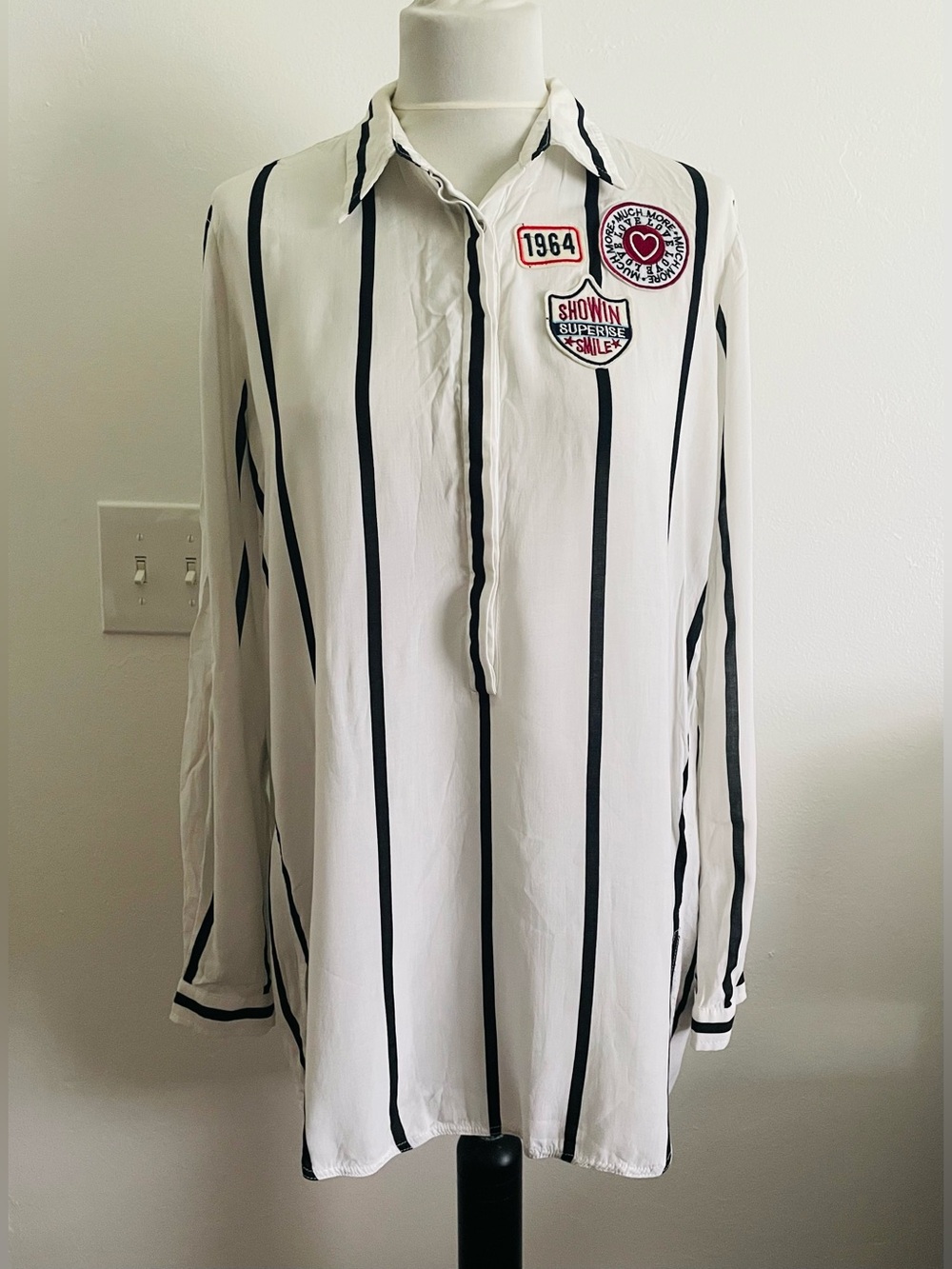 Studio F Women Button Down Shirt L White Black Striped Preppy Business Casual